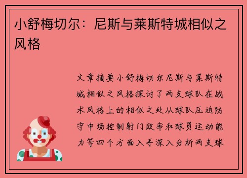 小舒梅切尔：尼斯与莱斯特城相似之风格